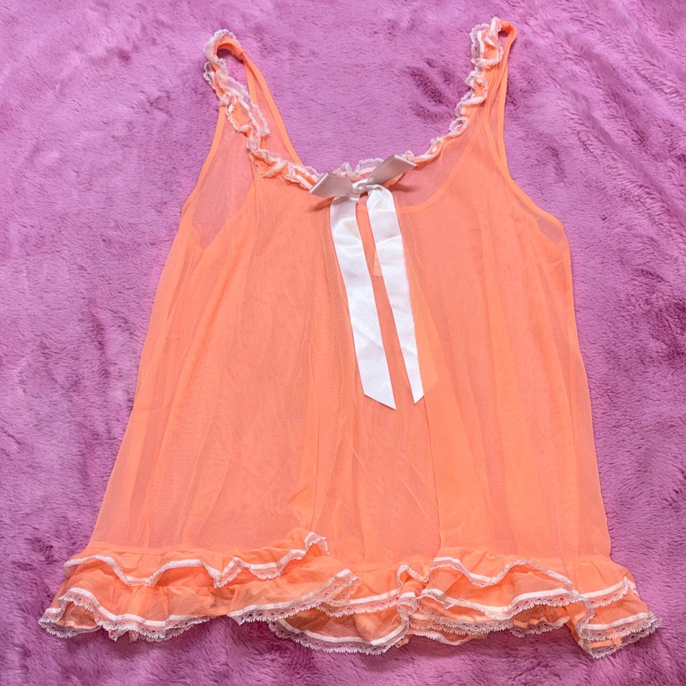 Victoria's Secret Y2K Orange Sheer Babydoll Slip w/ White Bow, Lace Ruffle Trim